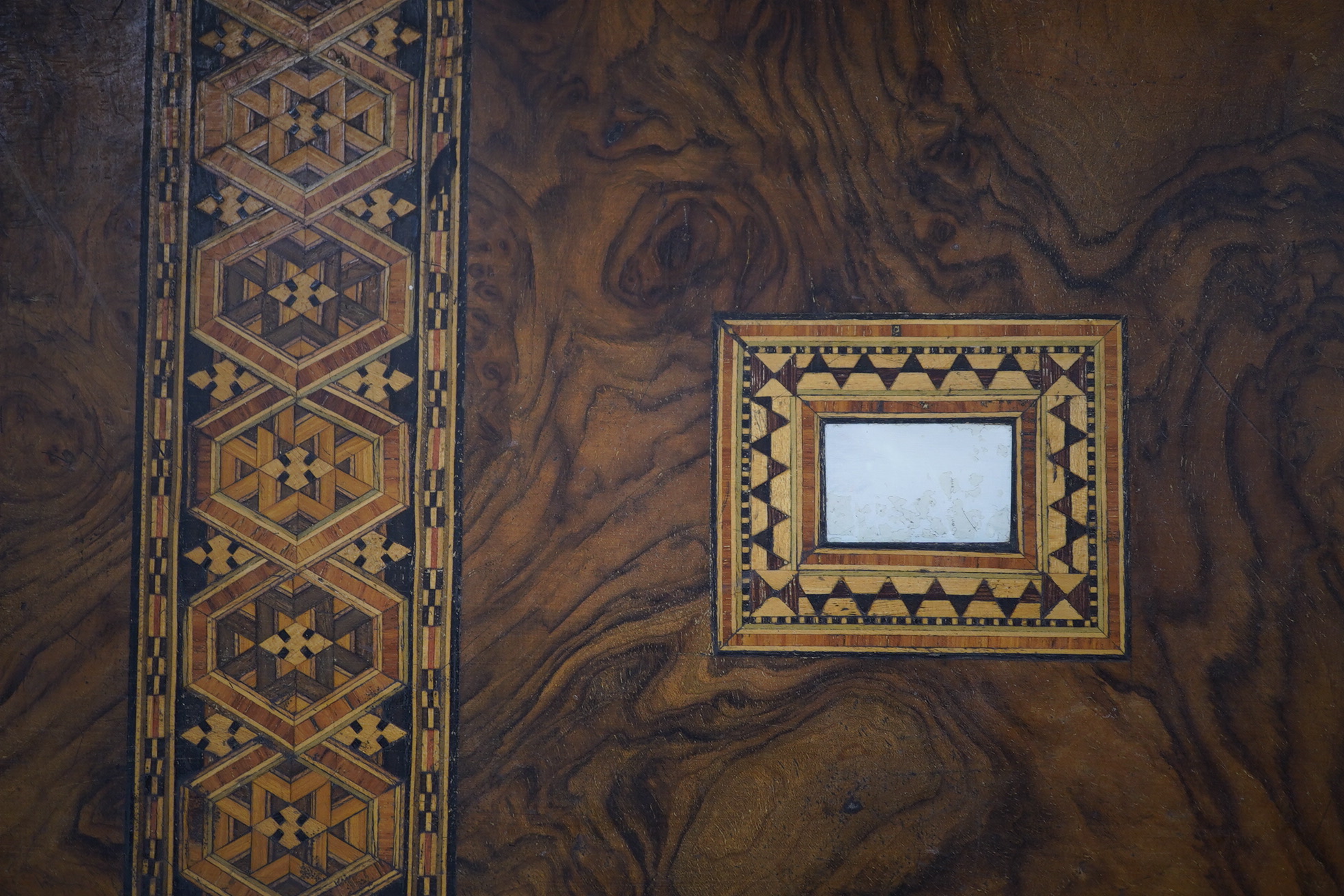 A mahogany brass mounted 19th century writing box and a walnut inlaid and mother of pearl writing box, brass mounted box, 35cm wide. Condition - exterior good, felt on slope torn.